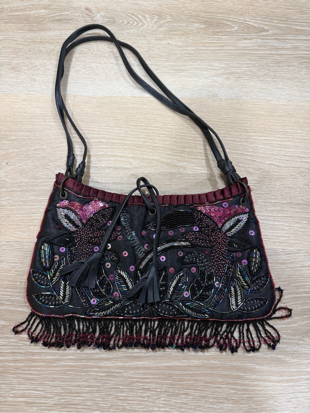 Y2K Embroidered Black & Burgundy Tassel Fringe Shoulder Bag